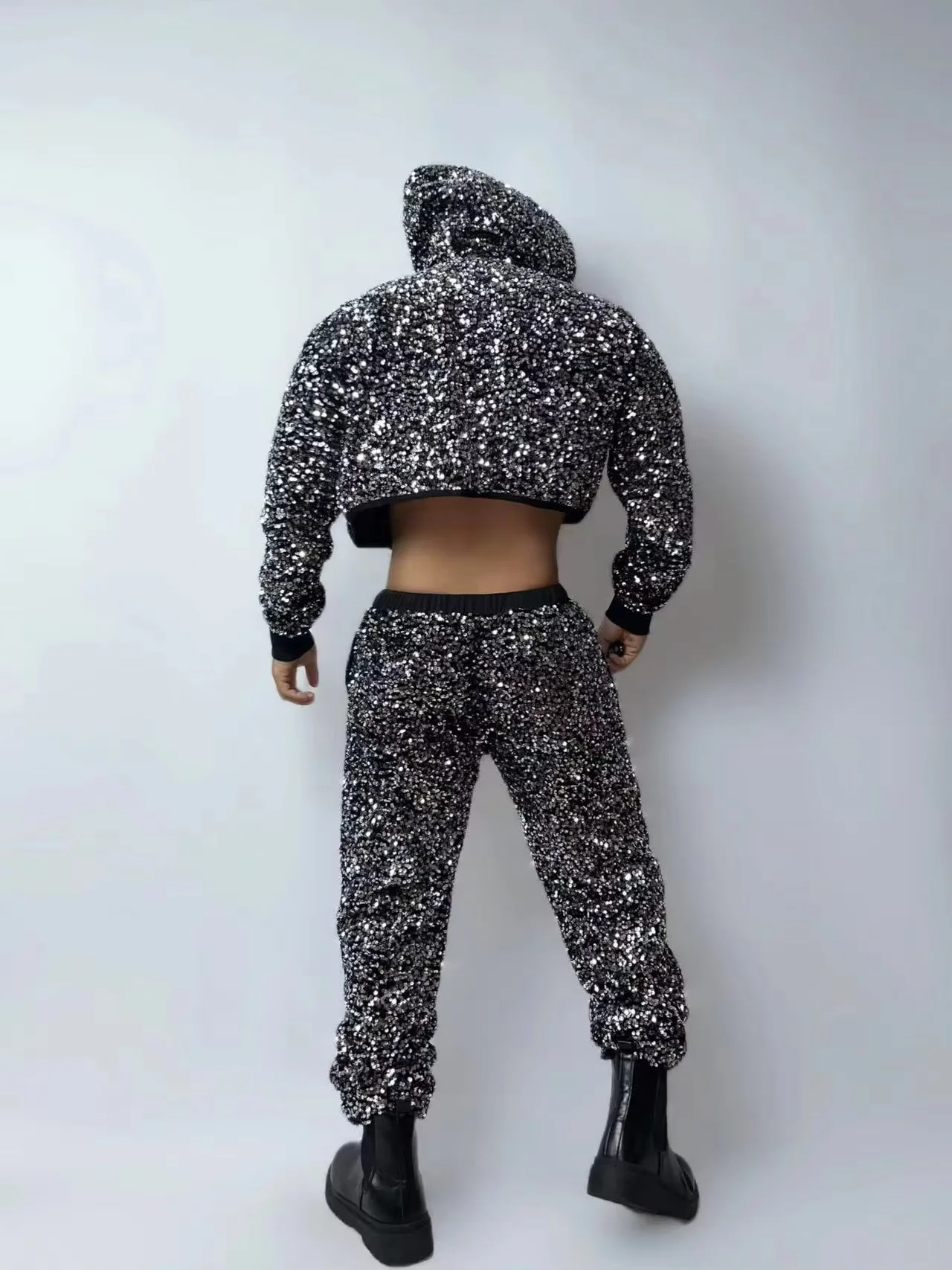 New Men's Sequins Hooded Jacket Pants 2 Piece Set Hip Hop Dance Costume Nightclub Bar Male Singer Stage Show Performance Wear