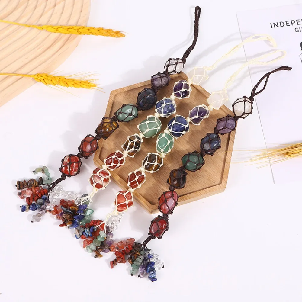 

7 Chakra Crystal Tumbled Stone Hanging Ornament, Hand Woven Net Bag Car Home Decor with Chip Stones