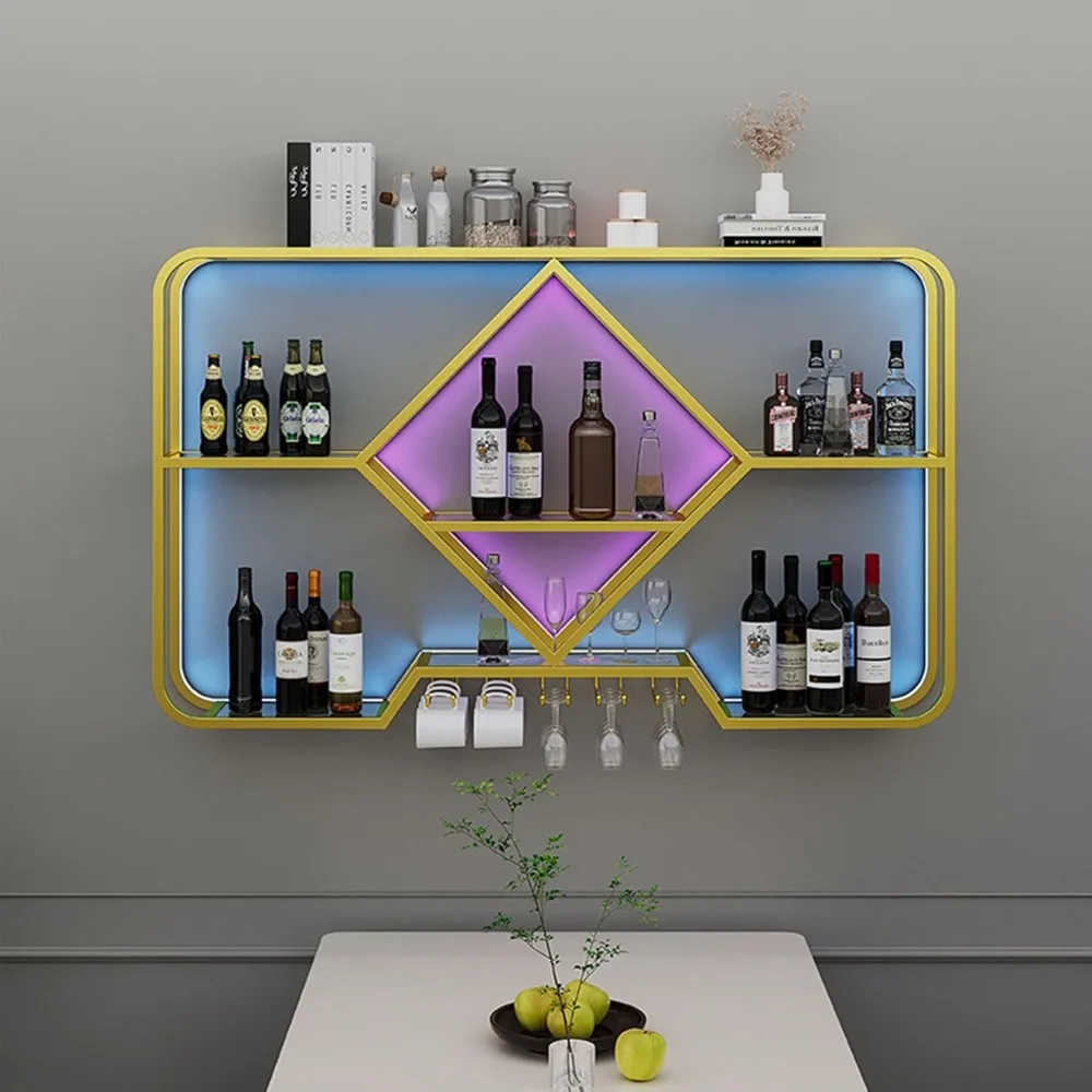 

120cm Wine Rack Bar Shelves Wall Mounted Liquor Shelf with LED Light Liquor Bottle Display Shelf for Home Bar Living Room