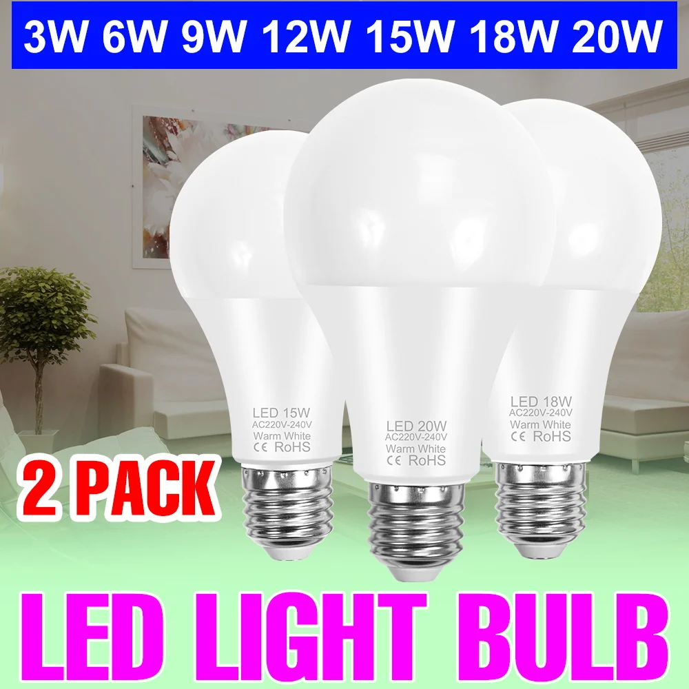 2 Pack LED Bulb E27/E26 Ceiling Lamp E14 Chandelier Bulbs 220V Home Living Room Bedroom Indoor Lighting 3W 6W 9W 12W 15W 18W 20W