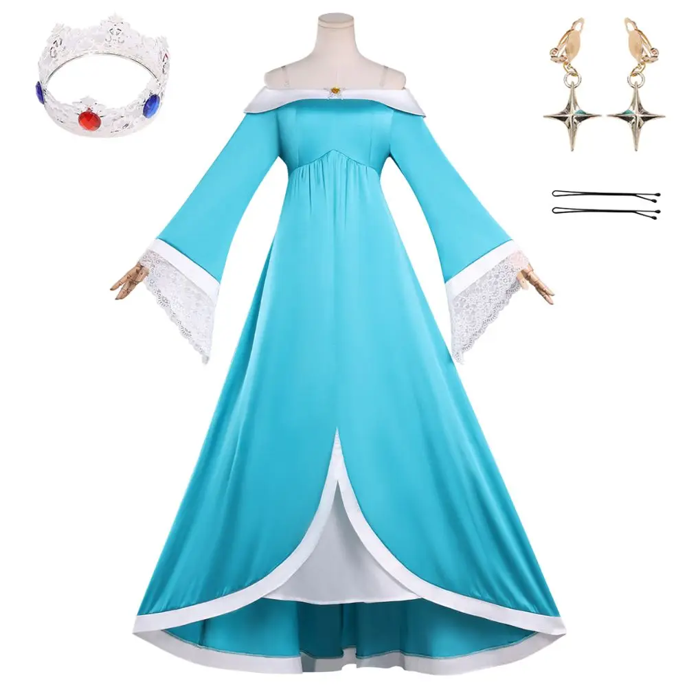 

Rosalina Cosplay Dresses Crown Earrings Costume Disguise for Adult Women Roleplay Fantasia Outfits Halloween Carnival Party Suit