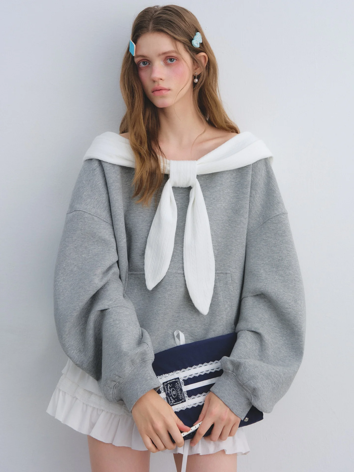 

AsGony Rabbit Ear Collar One oulder Hoodie Loose Fit Long Sve Women's Top Breathable Casual Loose Sle Color Blo Design