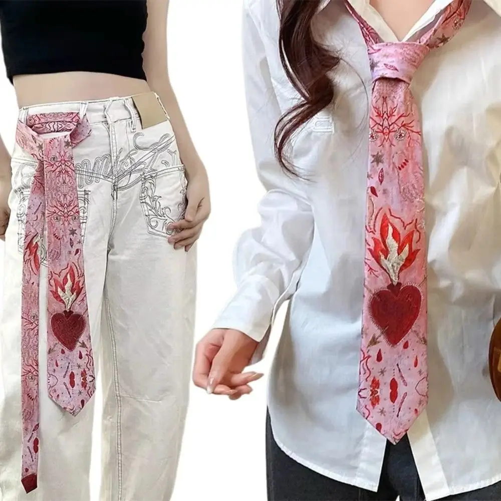 Vintage Heart Flame Tie Y2K Lightweight Romantic Neck Scarf Gradient Pink Embroidery Pattern Women's Neck Tie Fashion Accessory