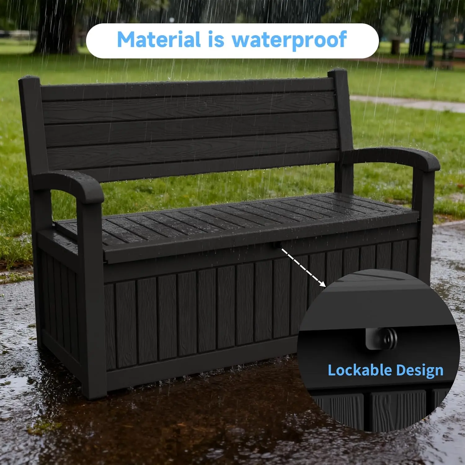 Indoor Plastic Storage Box 80 Gallon Capacity, All Weather Outside Storage Bin With Comfort Cushion Seat, Heavy Duty Patio Deck Bench Organizer For Garden Backyard, Black view 5