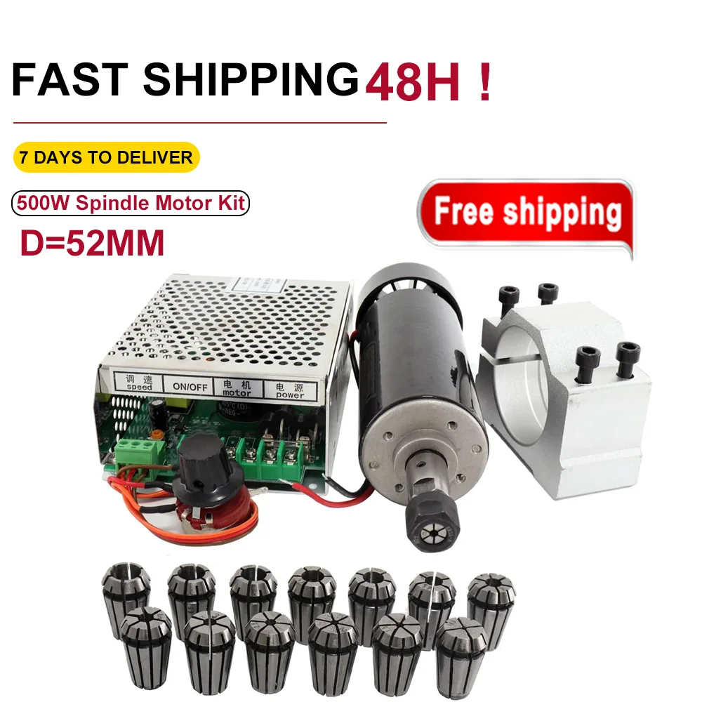 500w Air cooled spindle Motor +13pcs ER11 chuck + 52mm clamps + Power Supply speed governo