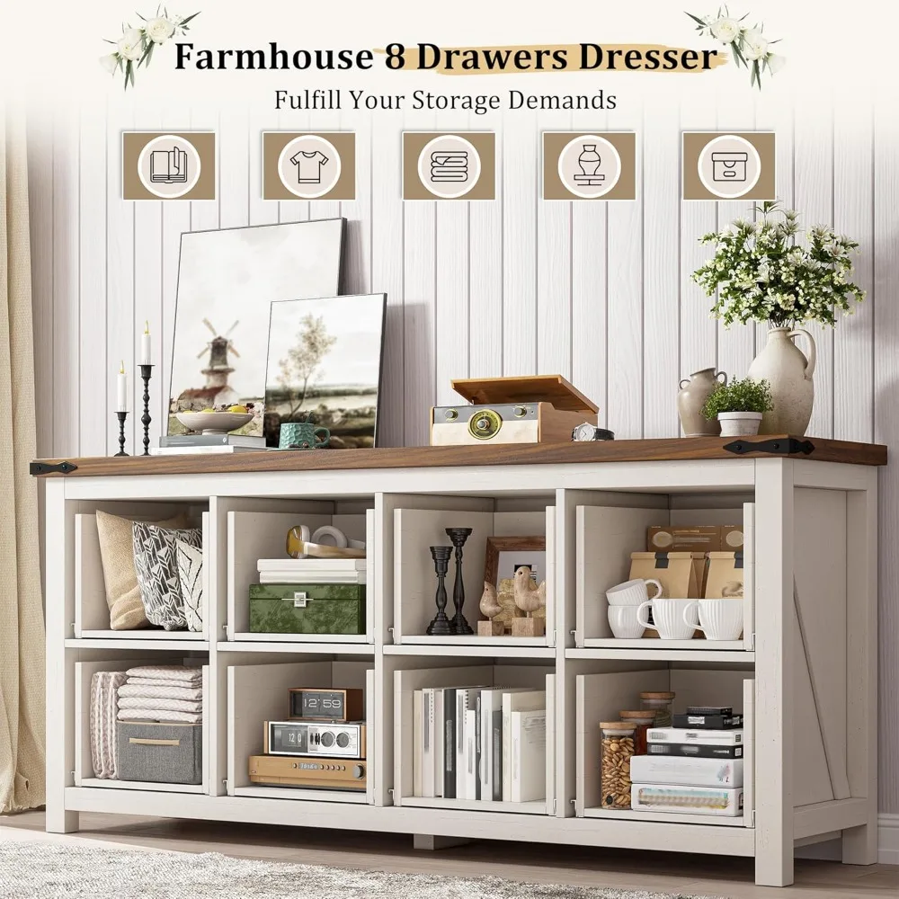 خزانة أنيقة على طراز المزرعة الخشبية ذات 8 أدراج للتلفزيون والتخزين في غرفة النوم أو المدخل أو المدخل