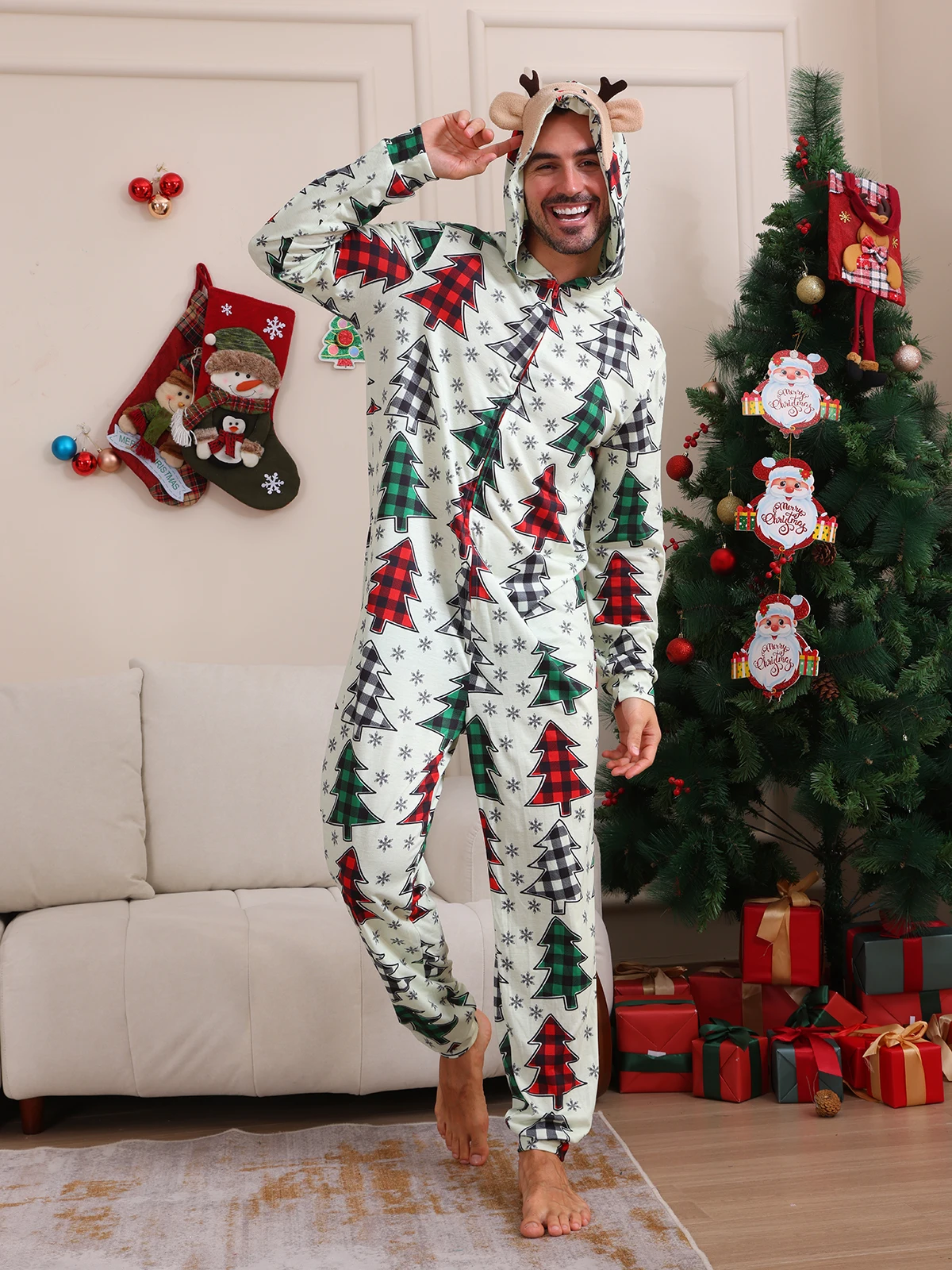 Xmas Party Look PJs One-piece Suit Romper All Christmas Tree Print Family Matching Outfit Adults Kids Cute Hooded Onesie Pyjamas