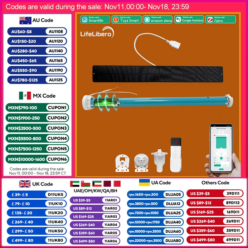 Lifelibero Tuya Zigbee Battery  Window Smart Curtains Blinds Roller Motor For 37 38mm Tube Work Alice Alexa Smart Speaker Home