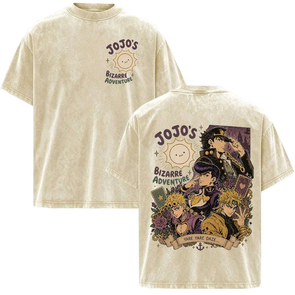 Anime Jojo Bizarre Adventure Giorno Giovanna Kujo Jotaro Vintage Washed T-shirt Men's Clothing Oversized Short Sleeve T Shirts