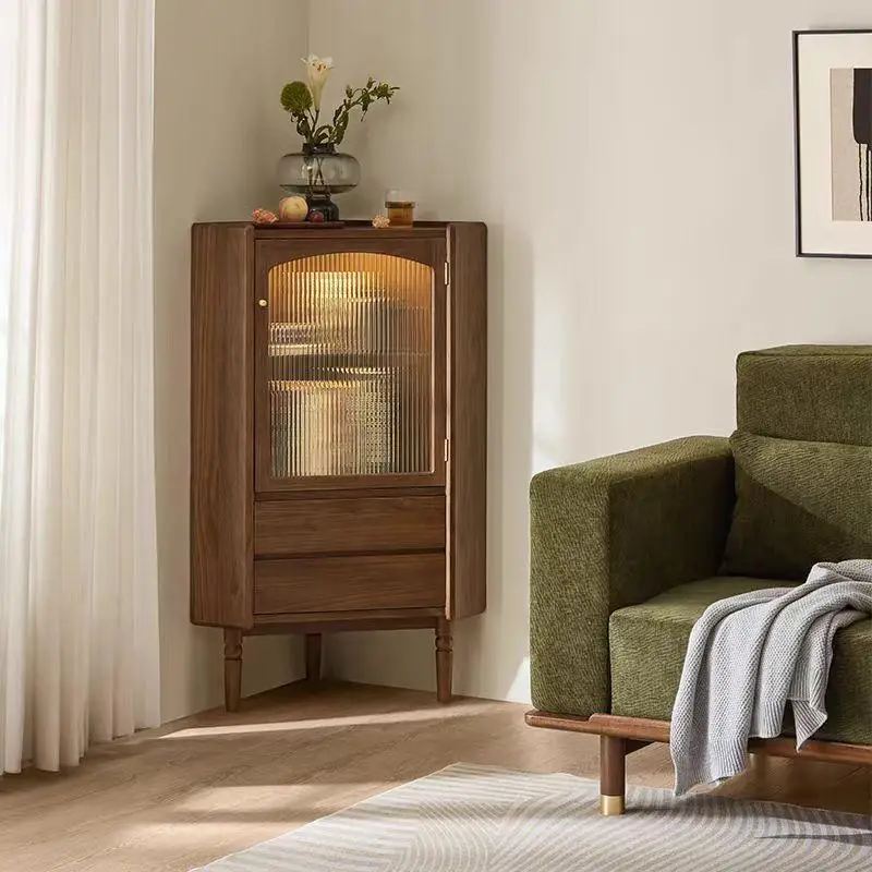

French retro solid wood corner cabinet Middle ancient black walnut living room corner side cabinet Wine cabinet Storage storage