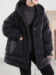 New 2022 Winter Womens Hooded Design Loose Duck Down Jacket European Style Solid Casual Padded Parkas Warm Vintage Coat