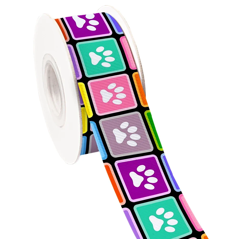 

Cartoon Dog Paw Bone Pattern Printed Grosgrain Satin Ribbon for Gift Wrapping Hair Bow Craft Accessory 50 Yards