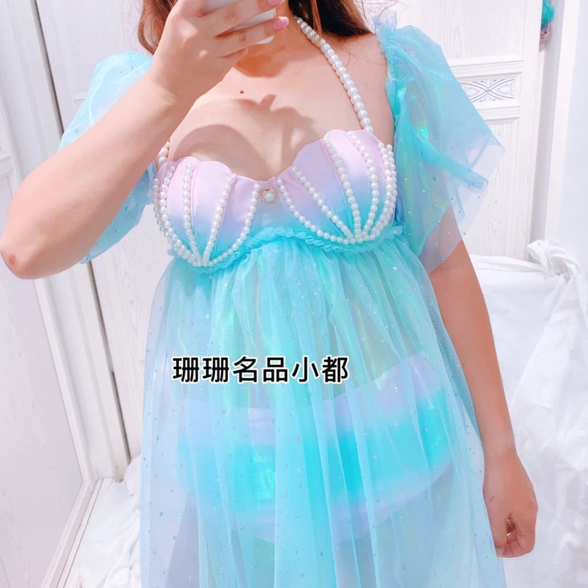 NEW Beach Fairy Swimsuit Mermaid Bikini swimwear gradient shell Bra Pearl Chains Summer Lolita Sweet Cloth Swimsuit Beach Dress