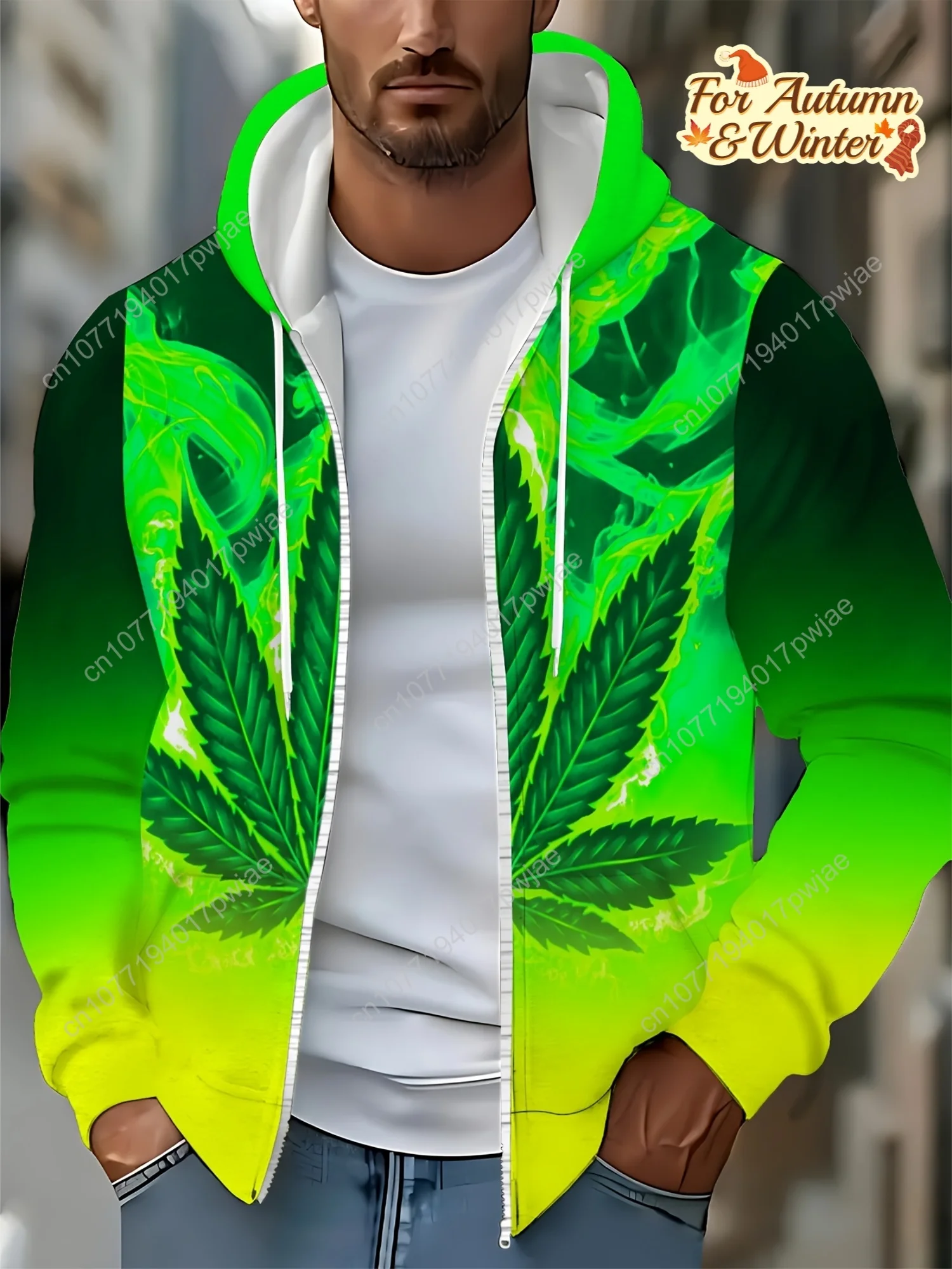 Мужская толстовка с капюшоном на молнии с длинными рукавами и рисунком листьев, осенне-зимняя повседневная уличная куртка с завязками и карманами