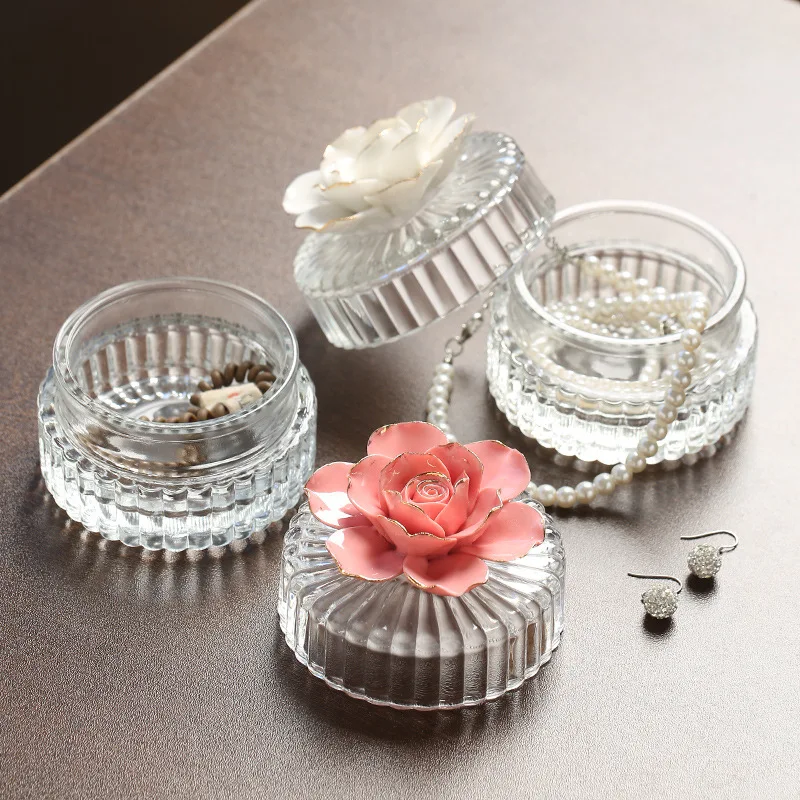 Nordic Ceramic Flower Glass Storage Box Exquisite Glass Storage Jar Home Storage Jar Creative Home Decoration Ornaments Gift