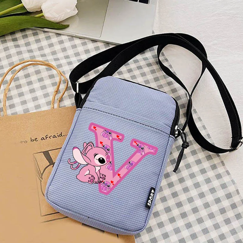 Stitch Disney A-Z 26 English Letters Women Shoulder Bag Kawaii Angel Stitch Bag Canvas School Bag Students Mobile Phone Bags