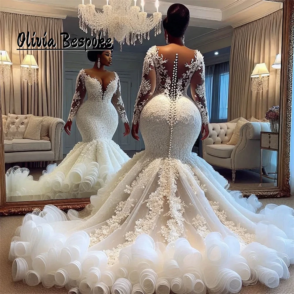 

Romantic Beaded Lace Long Sleeve Wedding Dresses Aso Ebi Ruffles Mermaid Formal Gown Bridal Dress vestido de novia Customized