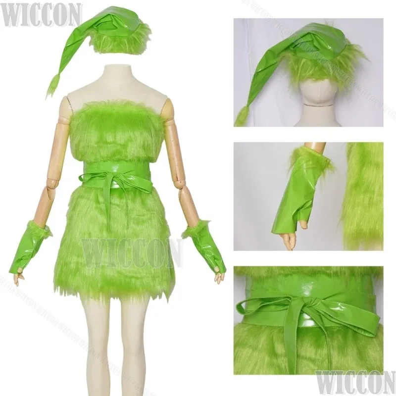 فستان فروي أخضر لعيد الميلاد لعام 2024 زي تنكري بدلة وحش اللص قبعة فروي للنساء والفتيات وحفلات الهالوين لعب الأدوار ؛ 3,c'5.b;8' #1