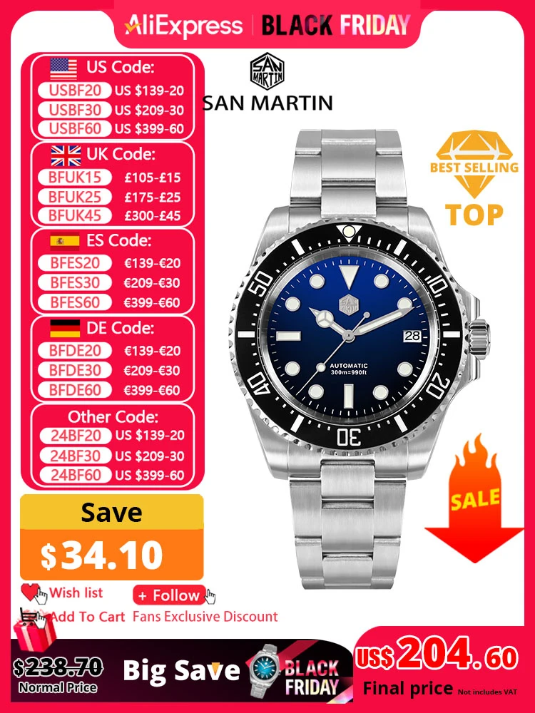 San Martin 39mm Men Dive Watch Enamel Dial NH35 Automatic Mechanical Watch 316L Sapphire Waterproof 300m 3H Date Window SN0111