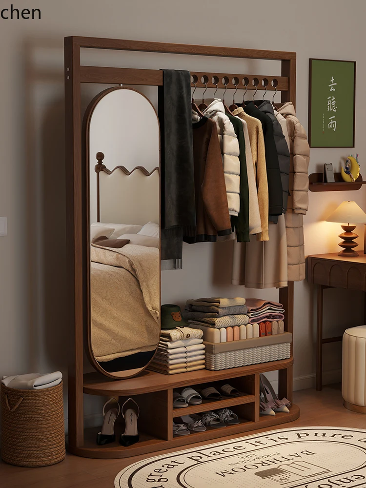 

LXC solid wood floor coat rack with mirror floor multi-function rotatable fitting mirror clothes rack