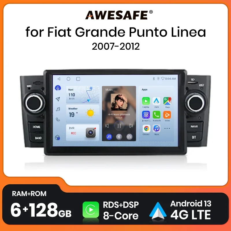 AWESAFE Wireless CarPlay AutoRadio for Fiat Grande Punto Linea 2007 2008 2009 2010 2011 2012 Multimedia Head Unit IPS Mirror