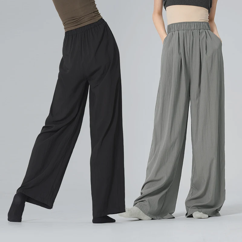 Ivoogle Adult Off-The-Shoulder Ruched Mesh Top with Stacked Sleeve Natural Pleated Loose Straight Leg Ballet Trousers Casual Set