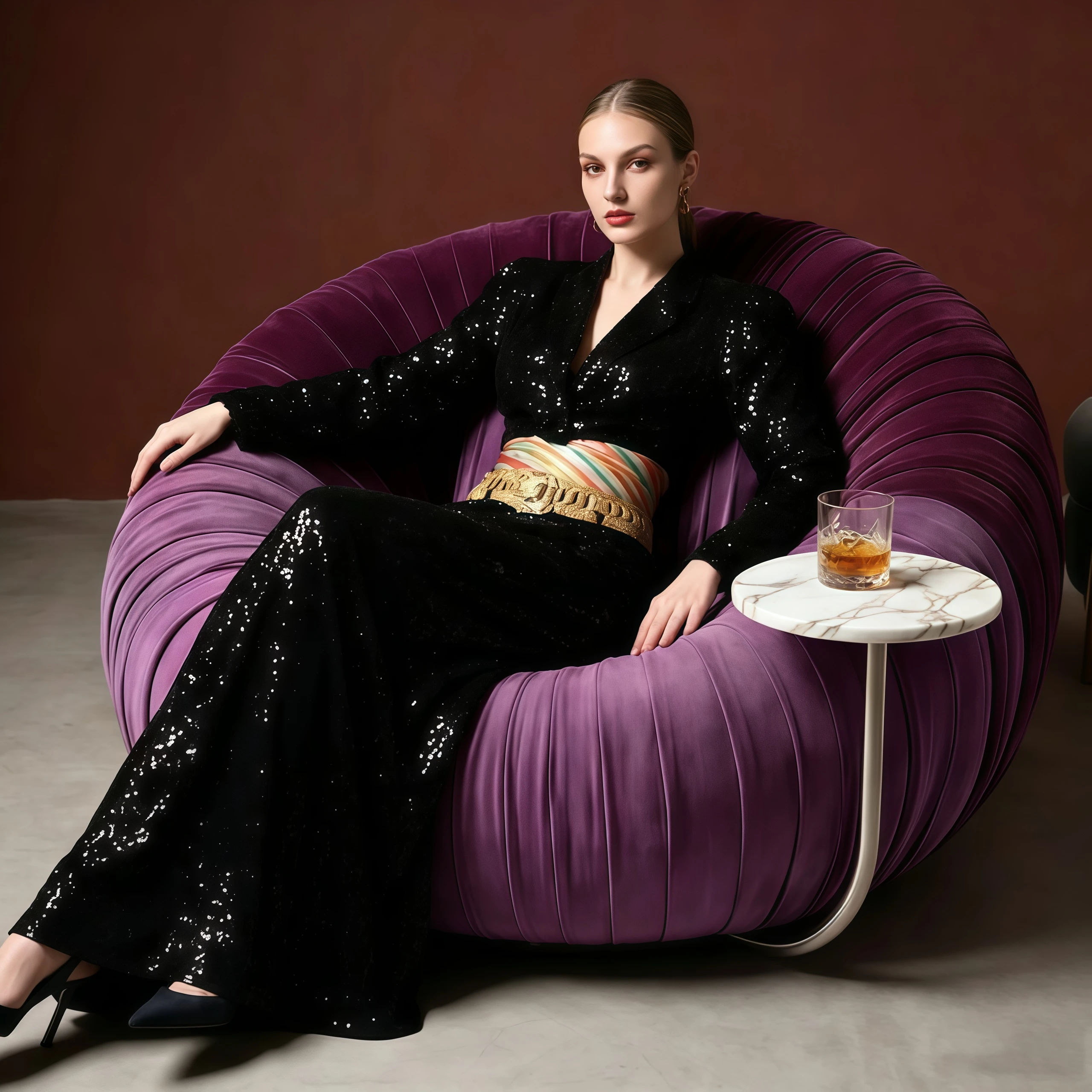 Luxury pleated purple velvet single sofa curved marble integrated modern leisure armchair living room home office dining room