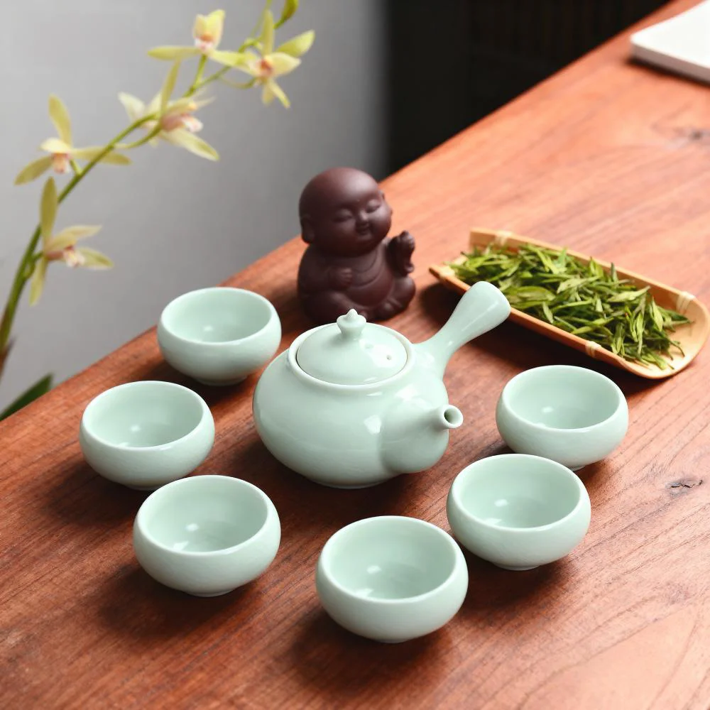 

High-end Ceramic Tea Set Handmade Ru Kiln Tea Set with Teapot and 6 Cups,Chinese Celadon Crackle Glaze Masterpiece