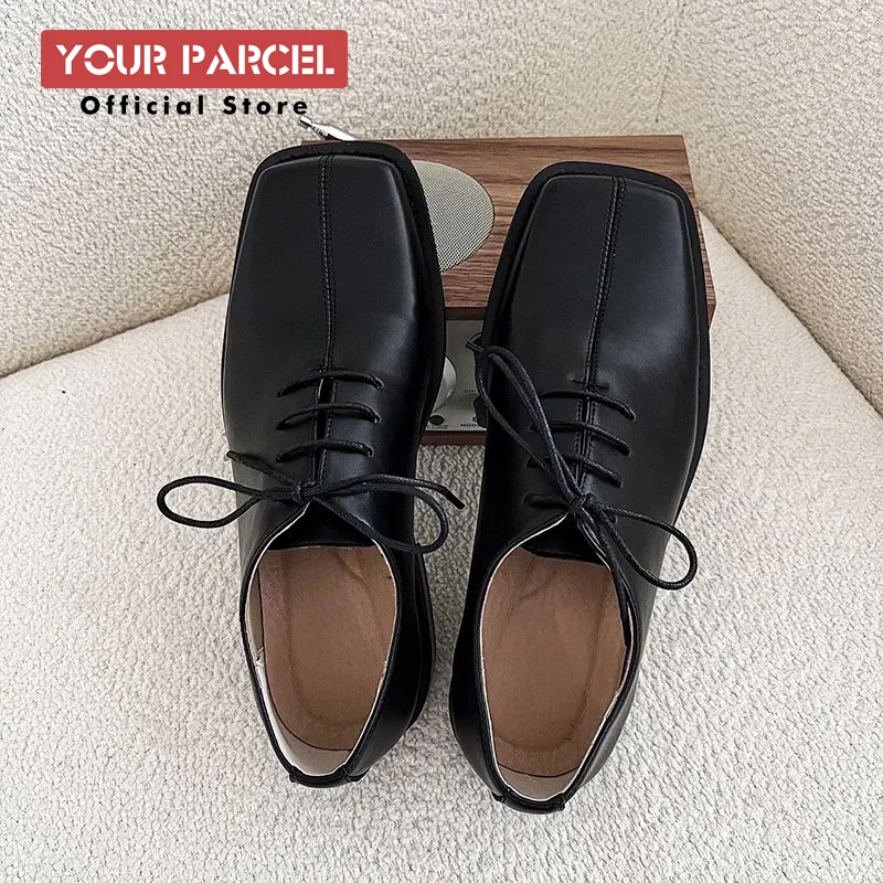 Flat square toe leather shoes for men's trend Korean version British style can be paired with a suit retro Derby shoes