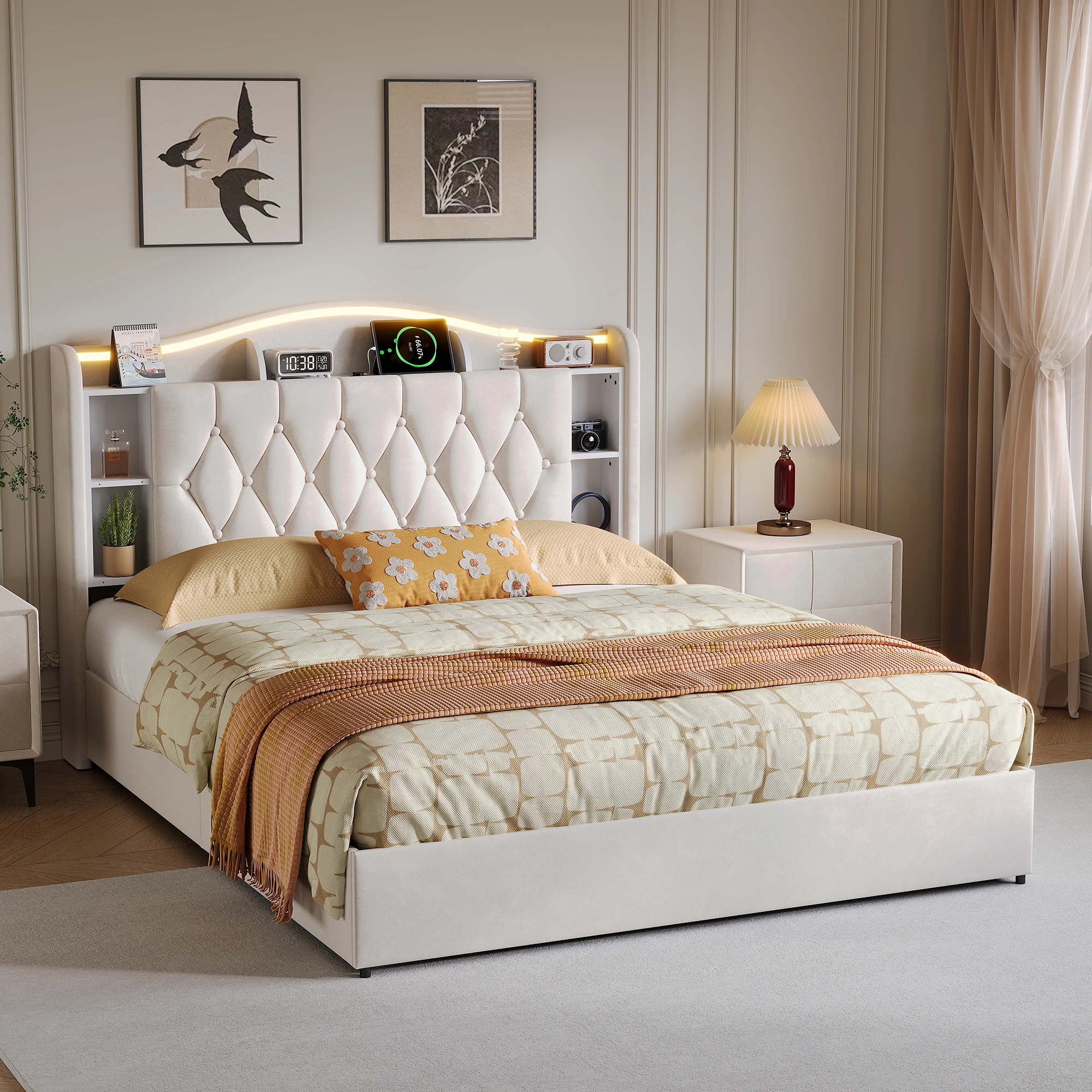 Cama Tapizada Fangange con Luz LED, USB Tipo-C, Cama con Almacenamiento, Cabecera con Espacio de Almacenamiento, Cama Doble, Sin Colchón