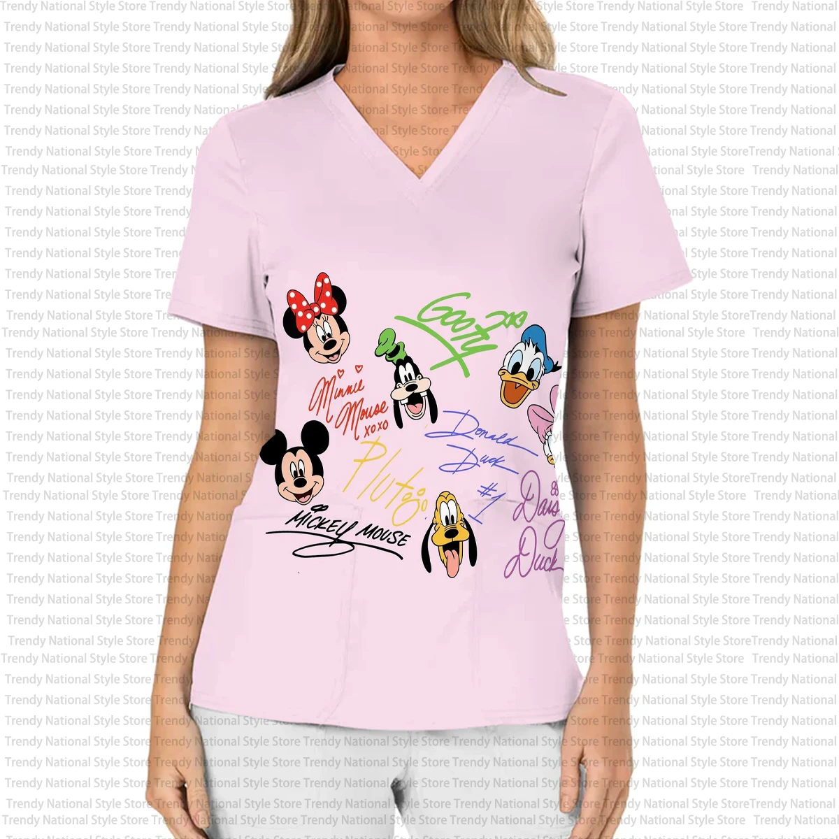 Novo verão feminino enfermeira uniforme impresso com decote em v fosco topo com disney mickey e minnie mouse-hospital/animal de estimação loja camiseta
