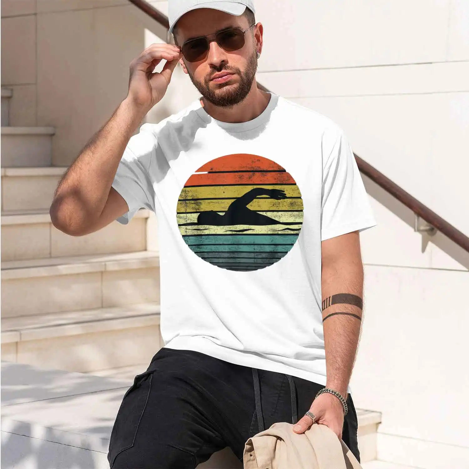 Funny Swimmer Gifts Retro Vintage Sunset Swim Swimming T-Shirt Unisex Style Shirts for Women Men Clothing Streetwear Y2k 2026 Ne