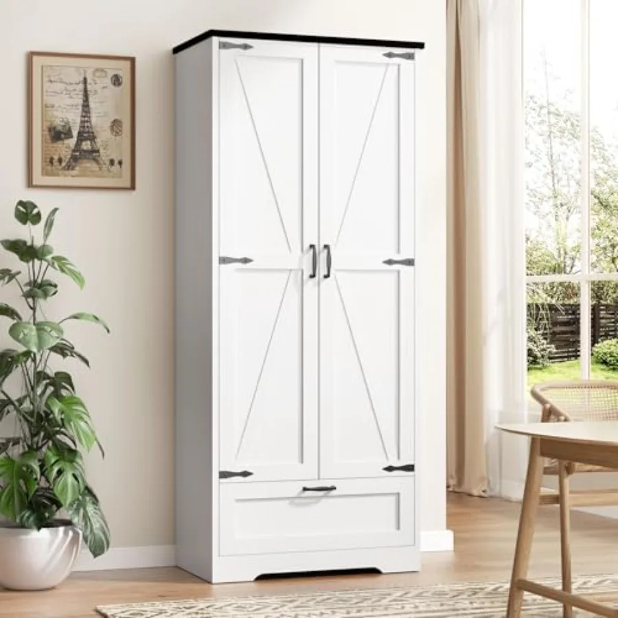 Kitchen Pantry Storage Cabinet with Barn Doors, Drawer and Adjustable Shelves, 4-Tier Tall Rustic Wood Cupboard Locker for Kitc