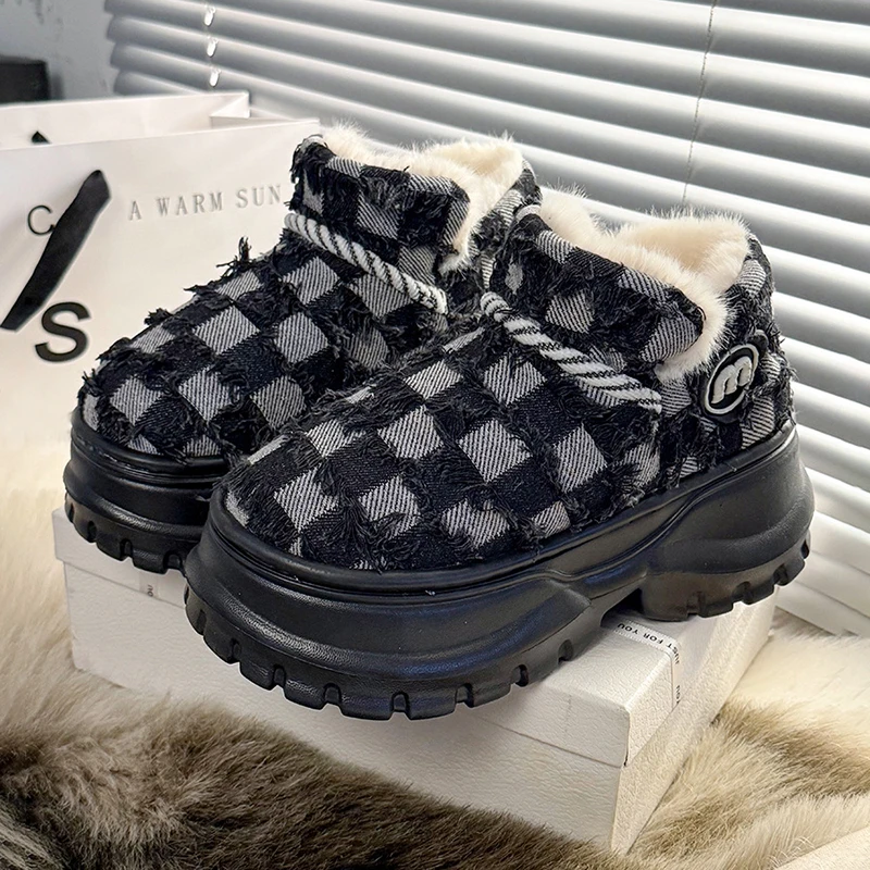 Plaid Snow Boots Female Winter Thick Platform Fluffy Women Shoes Wedges Cotton Sports Ankle Booties Girls Non-Slip Outdoor Home