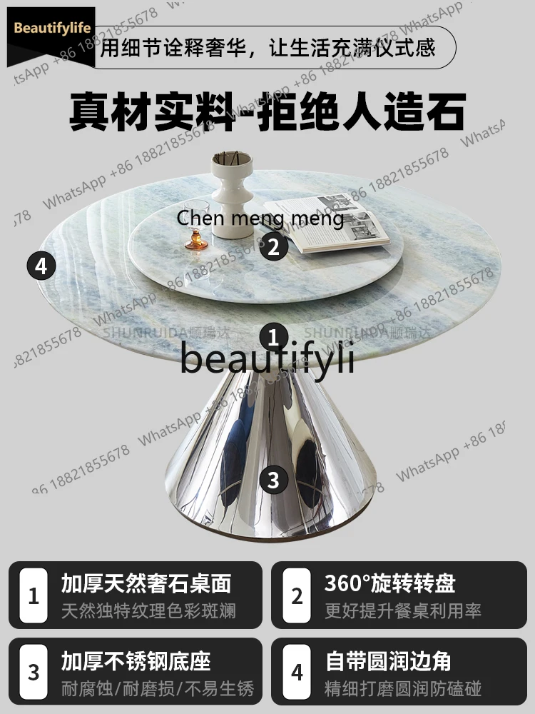 GG Imported Blue Crystal Luxury Stone Dining Table Round with Turntable Pure Natural Marble Dining Table