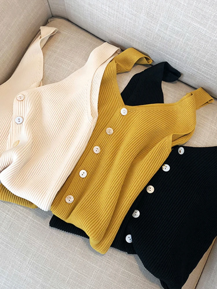 Women's Knitted Button-Up Vest Inner Wear Base Layer Tank Top Short Style V-Neck Breathable Slimming Fashion Casual