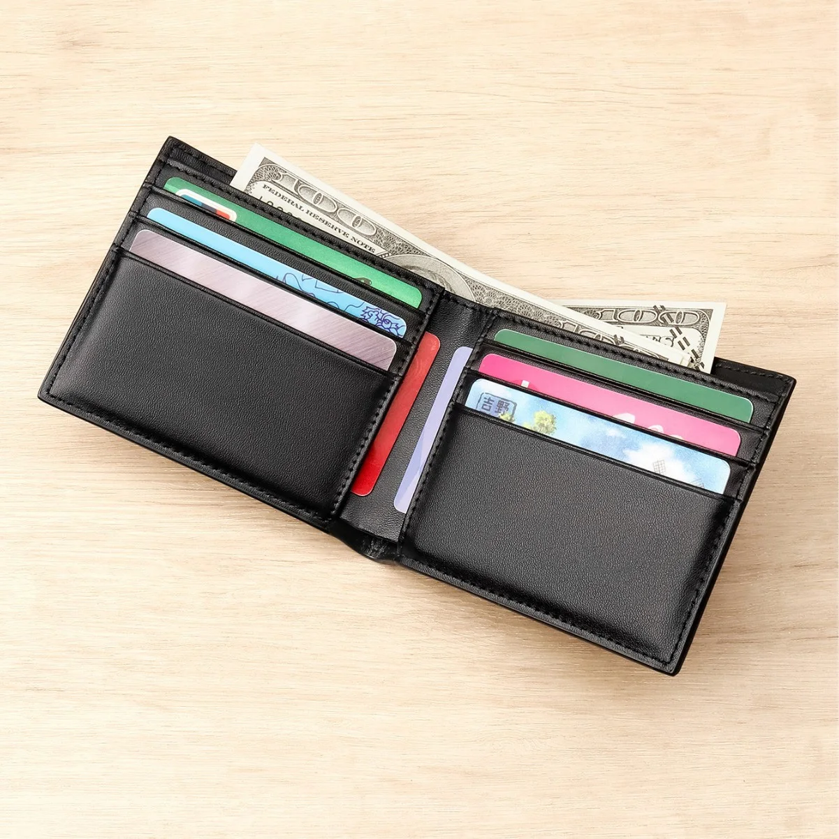 Men's Genuine Leather Bifold Wallet Classic Black Cowhide Purse Slim Minimalist Card Holder with Cash Compartment & Coin Pocket