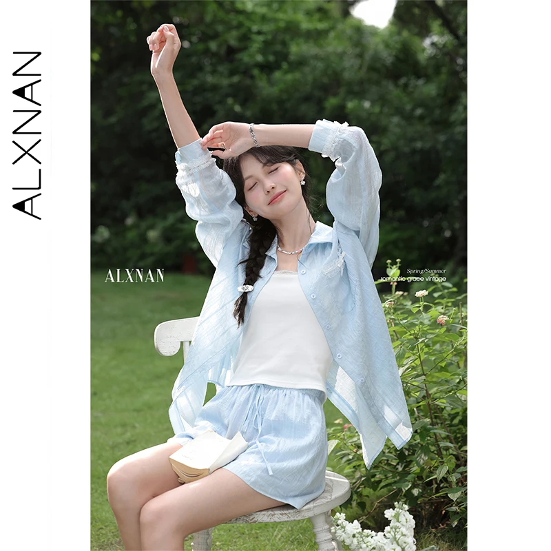 ALXNAN เสื้อสีฟ้าบางป้องกันแสงแดดหลวม Fit เสื้อแขนยาวฤดูร้อน Elegant Holiday Beach เสื้อลําลองสุภาพสตรี L56650