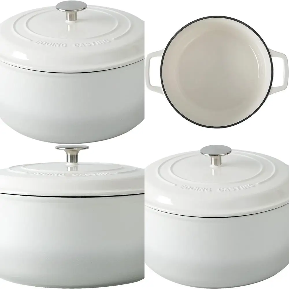 

Белая чугунная эмалированная кастрюля-духовка на 6 кварт с крышкой, идеально подходит для выпечки хлеба на закваске