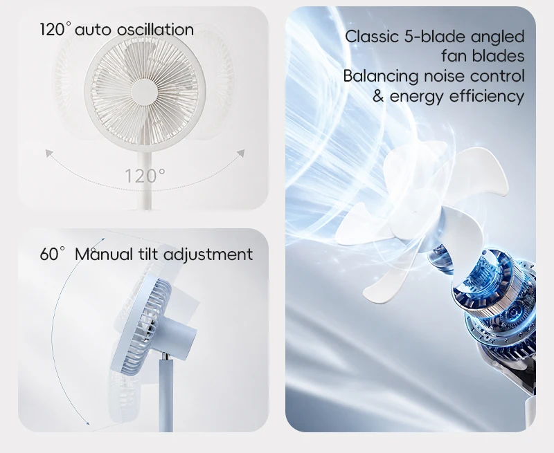 BLDC Oscillating Desktop Fan 4000mAh 5 Wind Speeds Silent Portable Rechargeable Fan with Timing Function for Home Room Gift
