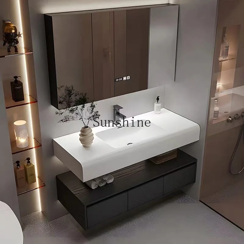 

High-end, integrated basin, solid wood bathroom cabinet, washbasin combination, simple and modern bathroom.