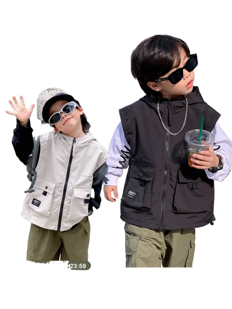 Children\'s Zipper Vest Spring Autumn Korean New Vestcost Boys Handsome Fashionable Versatile Hooded Sleeveless Inner Lining Coat