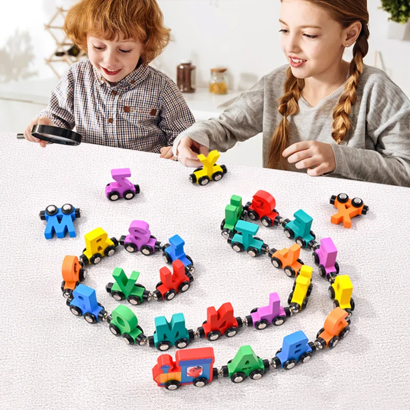 26 pièces lettres magnétiques Train créatif coloré Cognition jouet en bois apprentissage voiture Montessori assemblage pour enfants jouets éducatifs