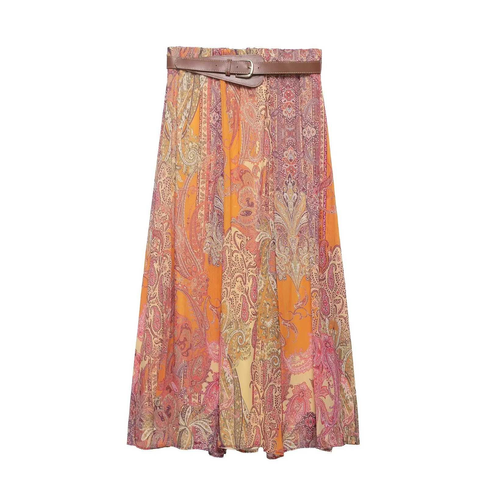 Summer Women's Casual Printed Skirts 2026 New Fashionable High Waist Belt Loose Skirt Vacation Beach Skirt French Style Floral