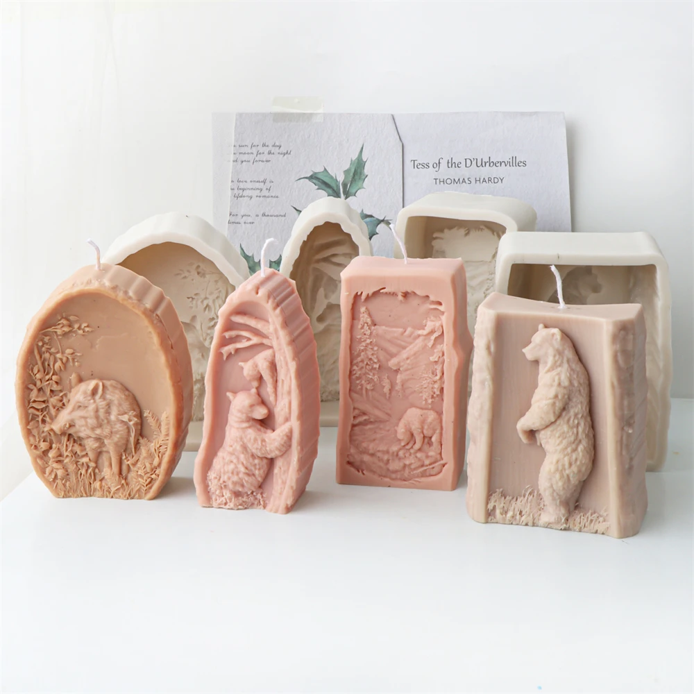 Flat Embossed Wild Animal Boar Silicone Candle Mold Forest Bear Plaster Resin Casting Home Decor Tools Gypsum Soap Making Mould