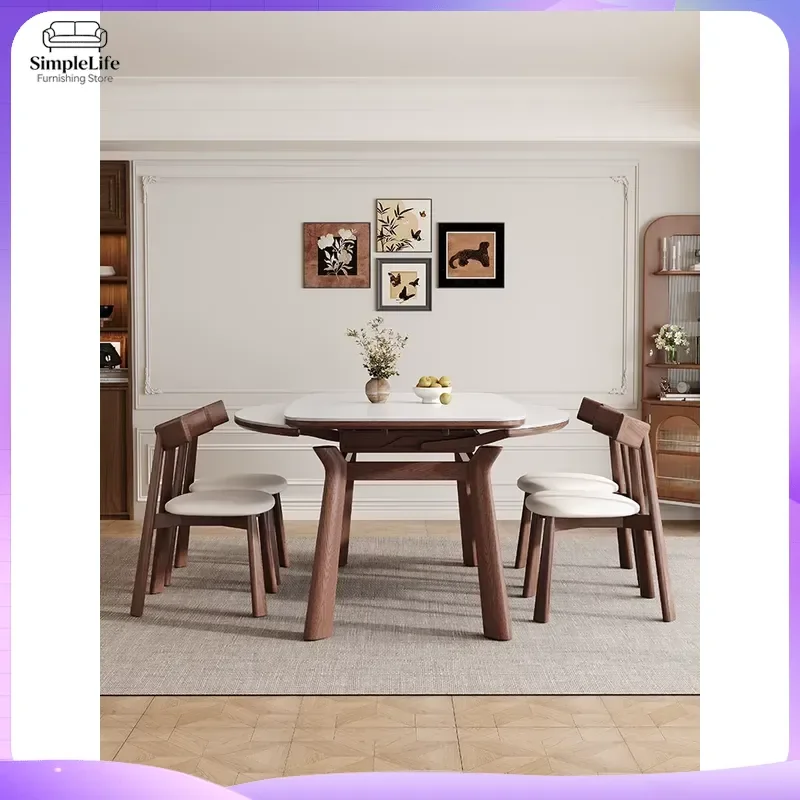 Luxury French Antique Retractable Dining Table Solid Wood Rock Slab Round Square Variable Small Apartment Household Furniture