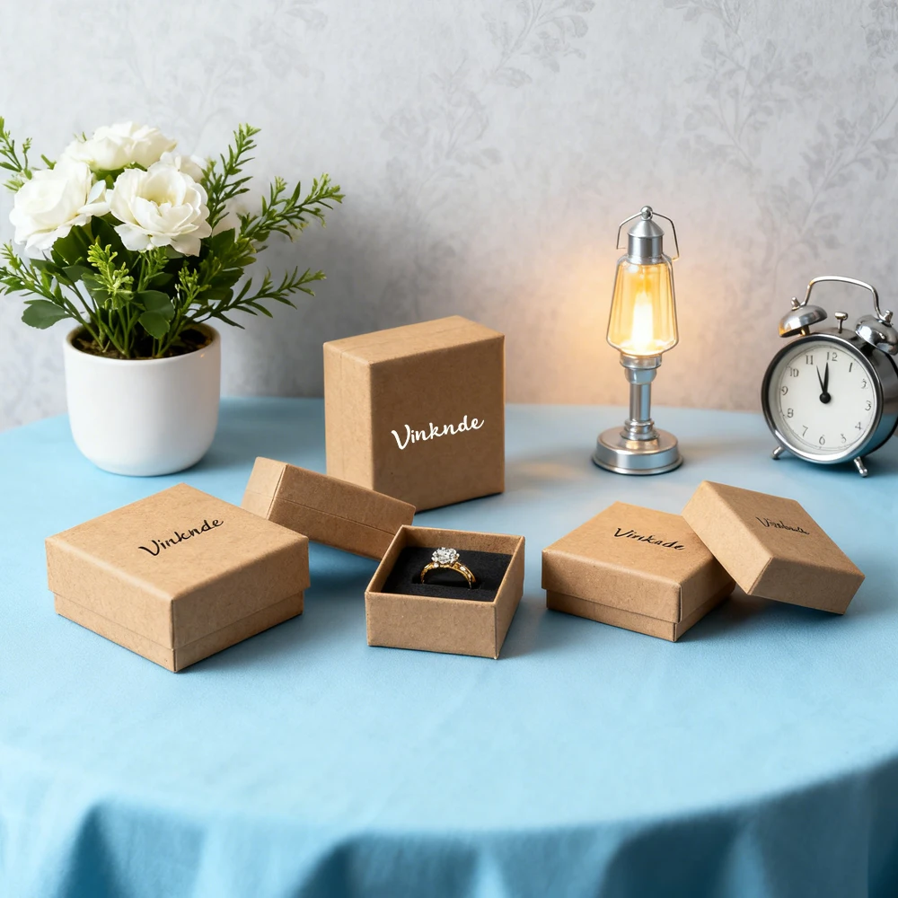 

Custom Logo 4x4x3cm Brown Jewelry Kraft Box Ring Paper Cardboard Packaging Boxes Travel Wedding Favors Organizer With Sponge