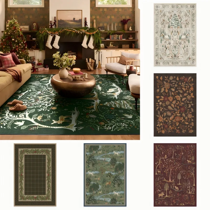 Luxury Retro Green Carpet Non Slip Washable Vintage Living Room Kitchen Bedroom Mat Mechanical Washable Hallway Floor Area Rug