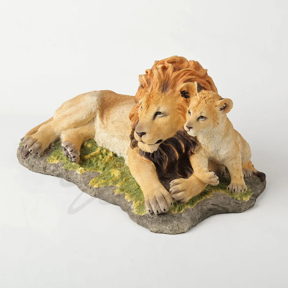 Male Lion and Lion Cub Lying Statue Realistic Wild Animal Resin Figurine Grass Base Safari Animal Sculpture Home Office Decor