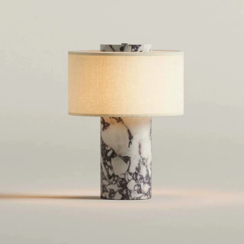 Modern Rechargeable Simple Marble Table Lamp with Linen Shade Cordless Touch Dimmable Desk Light for Bedroom Hotel Restaurant